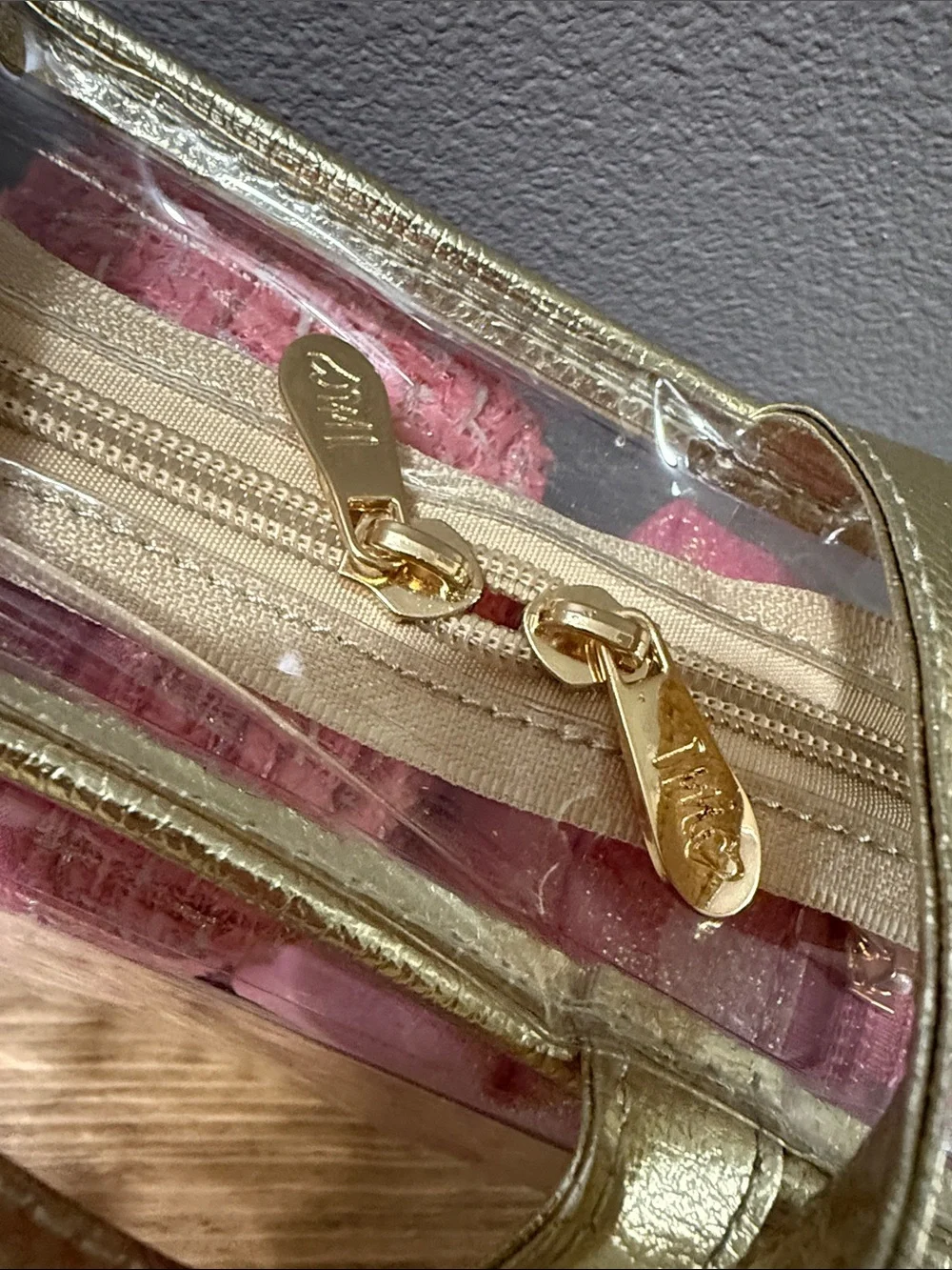 Clear Cosmetic Tote with Gold Trim and Pink & Gold Pouches